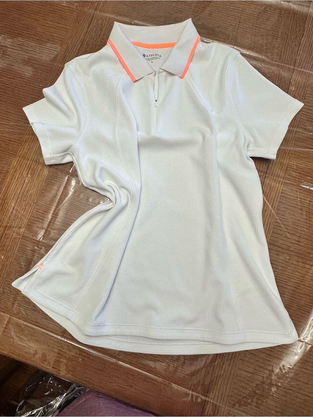 Athleta White Short Sleeve Polo with Neon Coral Trim